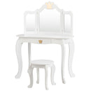 White crown-mirror vanity with gold-coloured crown details and round stool