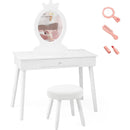 White oval-mirror vanity and padded stool, with pictured dressing-up accessories
