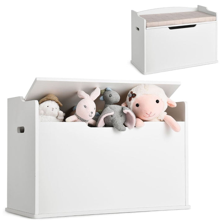 White cushioned toy chest shown open and closed; toys excluded