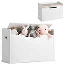 White cushioned toy chest shown open and closed; toys excluded