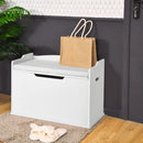 White toy chest with grey cushion; styling props excluded