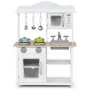 White play kitchen with toy microwave, oven, sink, two hob rings and cookware