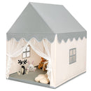 Beige fabric playhouse tent with wooden frame and included mat; pictured toys and cushions are not included