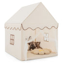 Brown fabric playhouse tent with wooden frame and included mat; pictured toys and cushions are not included
