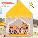 Kids playhouse with mat in yellow - source-supported four-child capacity artwork with metric dimensions