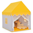 Yellow fabric playhouse tent with wooden frame and included mat; pictured toys and cushions are not included