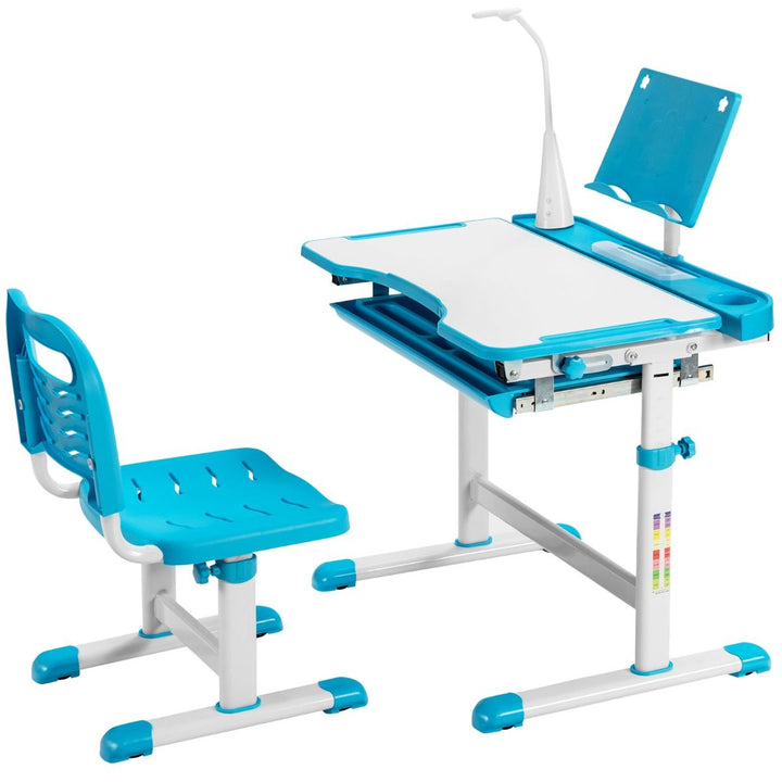 Blue adjustable desk and chair with the included lamp and reading stand