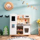 White and natural play kitchen in a styled playroom