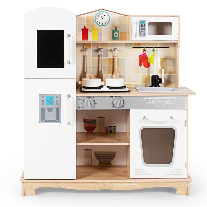 White and natural play kitchen with toy hob, sink, microwave, oven and tall cupboard