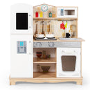 White and natural play kitchen with toy hob, sink, microwave, oven and tall cupboard