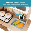 Toy sink with 180-degree rotating tap and included lidded cookware