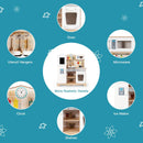 Toy oven, microwave, utensil hangers, clock graphic, dispenser detail and open shelves