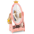 Pink oval dressing mirror with crown detail, side hooks and a lower storage shelf.