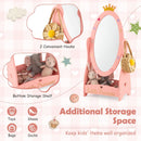 Close-ups of the two side hooks and lower storage shelf on the pink dressing mirror.