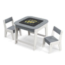 Grey and white reversible activity table with two chairs, chalkboard side shown