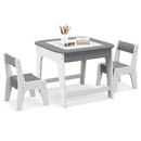 Grey and white table and two chairs, whiteboard side shown