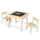 Natural and white reversible activity table with two chairs, chalkboard side shown
