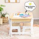 Natural table with two chairs tucked underneath
