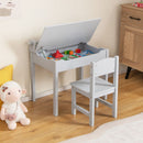Grey drawing table with lift-top storage open and matching chair