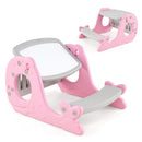Pink convertible kids activity table with integrated grey bench and drawing board