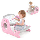 Pink convertible table showing seated table and drawing-board modes