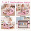 Pink activity table showing table, dining, drawing and book-storage modes