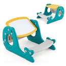 Yellow tabletop with teal whale-shaped sides and integrated grey bench