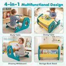 Yellow activity table showing table, dining, drawing and book-storage modes