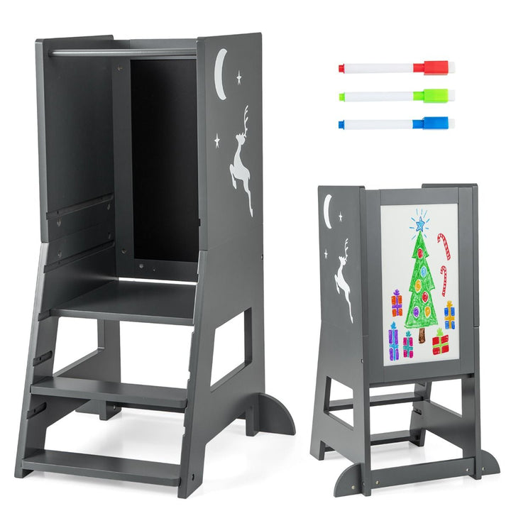 Grey standing learning tower shown from the standing and drawing-board sides; one unit supplied