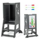 Grey standing learning tower shown from the standing and drawing-board sides; one unit supplied