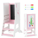 Pink and White standing learning tower shown from the standing and drawing-board sides; one unit supplied
