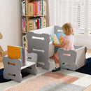 Grey and white desk with a matching chair and a second small unit holding books