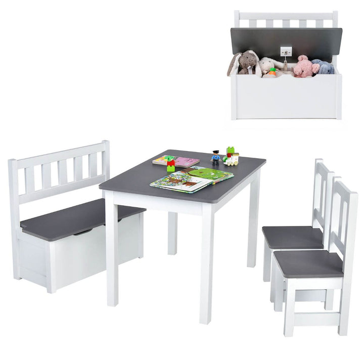 Grey kids table set with two chairs and a separate hinged storage bench