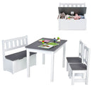 Grey kids table set with two chairs and a separate hinged storage bench