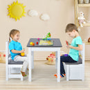 Children seated on chair and storage bench at the grey activity table
