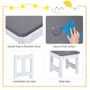 Rounded tabletop corner, wipe-clean surface, chair back and leg details