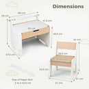 Supplier dimensions for the elephant table and chair; paper-roll inclusion is disputed