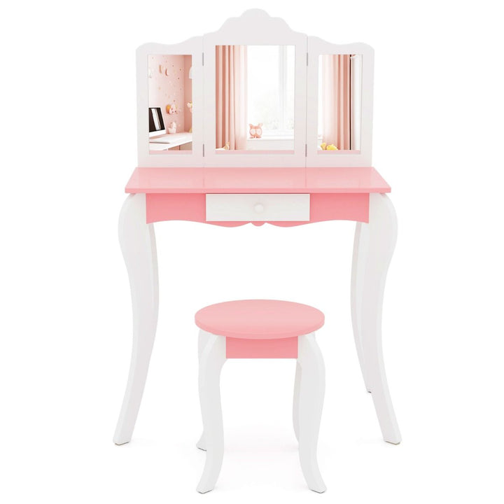 Pink and white kids vanity with tri-fold acrylic mirror and matching round stool