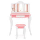 Pink and white kids vanity with tri-fold acrylic mirror and matching round stool