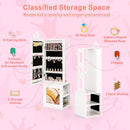 White jewellery cabinet showing ring slots, necklace hooks, bracelet rods and rear storage