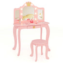 Pink kids lighted crown-mirror vanity and round stool with matching seat and shown dressing-up items