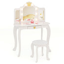 White kids lighted crown-mirror vanity and round stool with matching seat and shown dressing-up items
