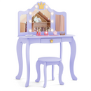 Purple kids lighted crown-mirror vanity and round stool with matching seat and shown dressing-up items