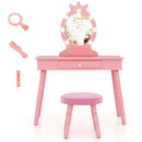 Pink kids lighted oval-mirror vanity with padded stool with matching seat and shown dressing-up items