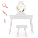 White kids lighted oval-mirror vanity with padded stool with matching seat and shown dressing-up items