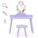 Purple kids lighted oval-mirror vanity with padded stool with matching seat and shown dressing-up items