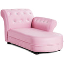 Pink chaise-style kids sofa with curved side arm and decorative crystal-look buttons