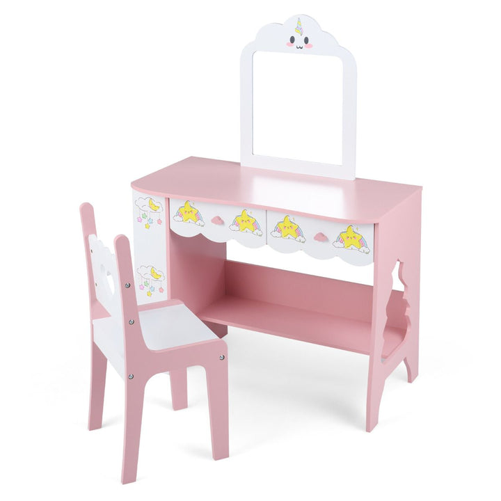 Pink and white HY10395 vanity with two drawers and matching heart-back chair