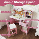 Pink-and-white desk storage compartments