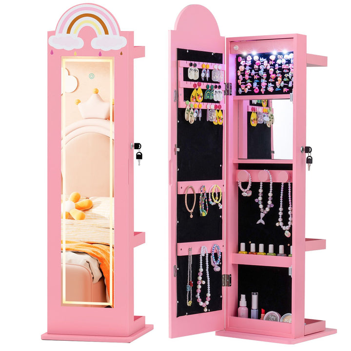 Pink kids lighted rainbow jewellery cabinet with clothes rack shown open and closed as two views of one cabinet